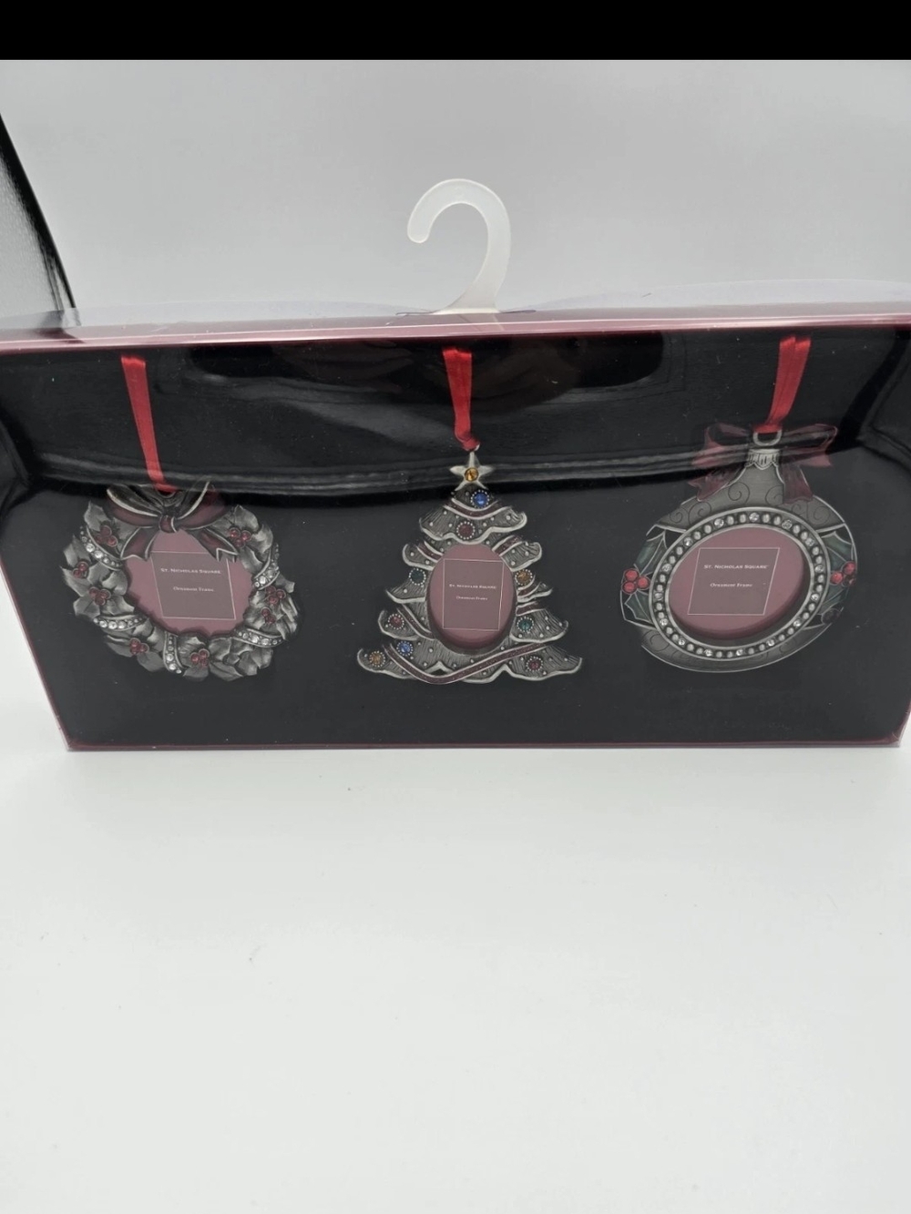 Kohl's Pewter Finish Holiday Ornament Photo Frame Set with Red Ribbons